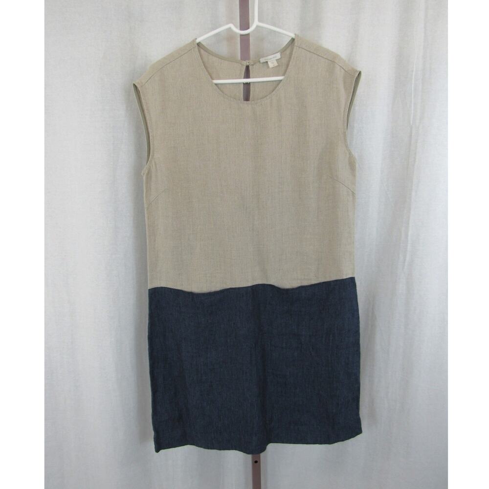 Garnet Hill Size 10 100% Linen Navy Tan Sleeveless Shift Mini Dress Pockets